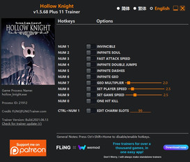 Hollow Knight: Trainer +11 v1.4.3.2-v1.5.68 {FLiNG}