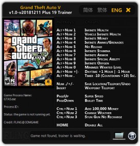 Grand Theft Auto 5: Trainer +19 GTA V v2018.12.11 {FLiNG}