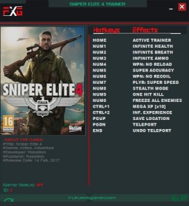 Sniper Elite 4: Trainer +13 v1.5.0-U1 (DX11) {FutureX}