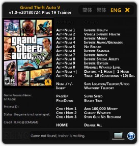 Grand Theft Auto 5 (GTA V): Trainer +19 v1.0-v20180724 {FLiNG}