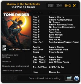 Shadow of the Tomb Raider: Trainer +18 v1.0 {FLiNG}