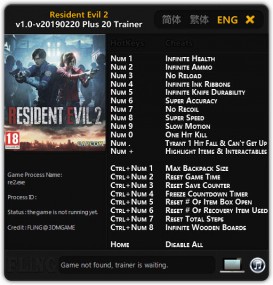 Resident Evil 2 Remake: Trainer +20 v1.0-v20190220 {FLiNG}