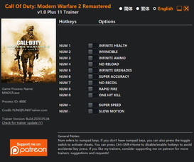 Call Of Duty: Modern Warfare 2 Remastered - Trainer +11 v1.0 {FLiNG}