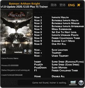 Batman: Arkham Knight: Trainer +15 v1.0 - Update 03.12.2020 {FLiNG}