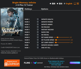 Bright Memory: Infinite - Trainer +12 v1.0 {FLiNG}