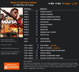 Mafia III: Definitive Edition - Trainer +18 v1.100.0 {FLiNG}