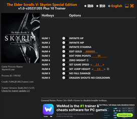 The Elder Scrolls 5: Skyrim Special Edition - Trainer +10 v1.0-v20231205 {FLiNG}
