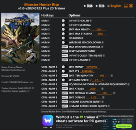 Monster Hunter Rise: Trainer +20 v1.0-v20240123 {FLiNG}
